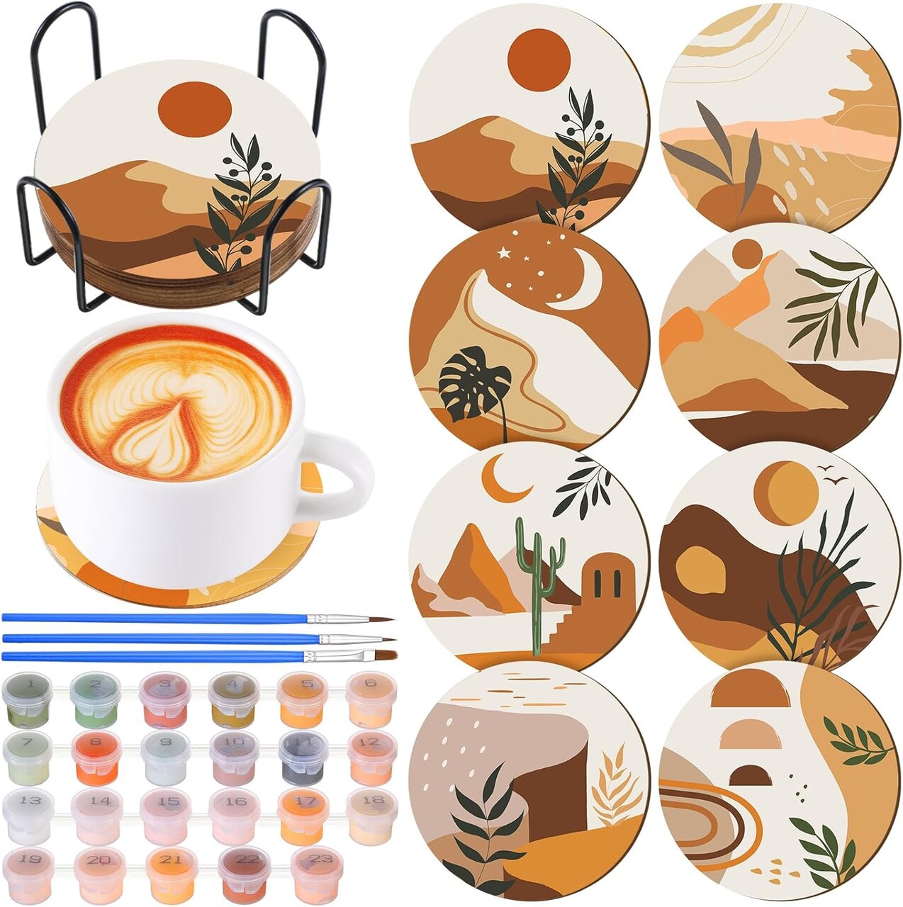 Paint By Numbers Boho Coaster Kit for Adults Beginners – 8 Pack Round DIY Mini Acrylic Painting Drink Coasters with Holder, Creative Home Decor & Gift Craft Set